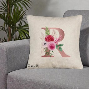 Cadou Personalizat - Perna Personalizata Monograma Rose Gold Litera R, 40x40 cm, Bej Canapea, Husa Detasabila, Perna Inclusa, BEKZ®