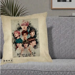 Perna Personalizata K-pop BTS Bangtan Boys Poster Artistic Negru Alb, 40x40 cm, Crem, Husa Detasabila, Perna Inclusa, BEKZ®