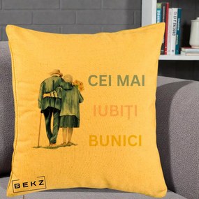 Cadou pentru Bunici - Perna Personalizata Cei Mai Iubiti Bunici Acuarela Spate, 40x40 cm, Galben, Husa Detasabila, Perna Inclusa, BEKZ®