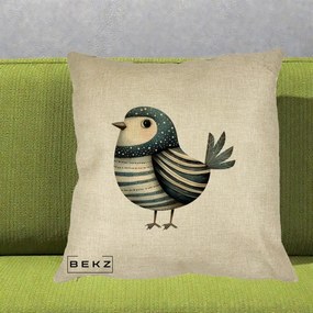 Perna Decorativa Pasare Teal Decorativa Dungata, 40x40 cm, Crem, Husa Detasabila, Perna Inclusa, BEKZ®