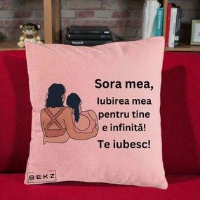 Cadou pentru Sora - Perna Personalizata Sora Mea Te Iubesc Doua Fete Fashioniste Line Art, 40x40 cm, Roz, Husa Detasabila, Perna Inclusa, BEKZ®