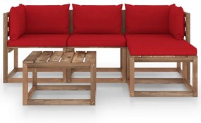 Set mobilier de gradina, 5 piese, cu perne rosii Rosu, 2x colt + mijloc + suport pentru picioare + masa, 1