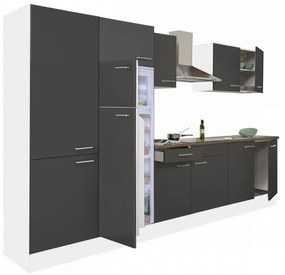 Mobilă de bucătărie Yorki 330 cu corp alb, față antracit satinat, dulap cu rafturi și frigider cu congelator superior