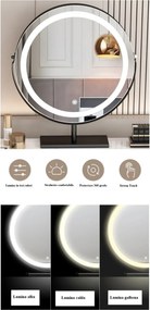 RESIGILAT- Set Margot, Masă de toaletă pentru machiaj cu oglindă iluminată LED, control touch, 6 sertare, comoda, scaun, Difuzor Bluetooth, zona încărcare fără fir, Gri, 80x40x75 cm