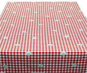 Fata de masa cu carouri alb si rosii si margarete CASA GINO , bumbac 100%, 150X160, masa 6 persoane, Rosu cu margarete