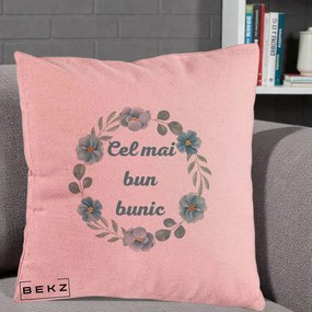 Cadou pentru Bunic - Perna Personalizata Cel Mai Bun Bunic Coronita Flori Albastre Teal, 40x40 cm, Roz, Husa Detasabila, Perna Inclusa, BEKZ®