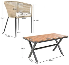 Set de masă pentru grădină, 7 piese, cu 6 fotolii și 1 masă, Frânghie împletită manual, Perne de șezut detașabile și lavabile, Bej