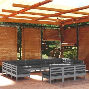 3097237 vidaXL Set mobilier grădină cu perne, 13 piese, gri, lemn masiv pin