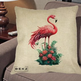 Perna Decorativa Flamingo cu Trandafiri Tropicali, 40x40 cm, Crem, Husa Detasabila, Perna Inclusa, BEKZ®