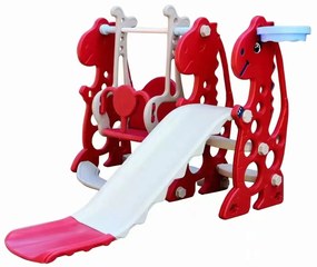 Loc de joaca, Tobogan si leagan dinozaur, Copii 1 - 4 ani, Rosu, Trepte anti-derapante, Plastic HDPE inodor netoxic