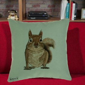 Perna Decorativa Veverita Acuarela, 40x40 cm, Verde, Husa Detasabila, Perna Inclusa, BEKZ®
