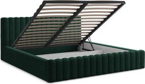 Pat matrimonial verde închis tapițat cu spațiu de depozitare cu somieră 140x200 cm Lemi – Makamii