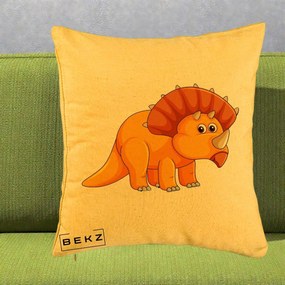 Perna Decorativa Triceratops Portocaliu, 40x40 cm, Galben, Husa Detasabila, Perna Inclusa, BEKZ®