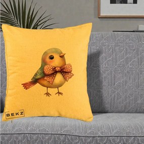 Perna Decorativa Pasare Bleu cu Fundita Roz, 40x40 cm, Galben, Husa Detasabila, Perna Inclusa, BEKZ®