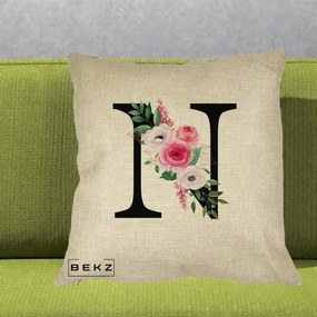 Cadou Personalizat - Perna Personalizata Monograma Florala Litera N, 40x40 cm, Crem, Husa Detasabila, Perna Inclusa, BEKZ®