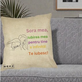 Cadou pentru Sora - Perna Personalizata Sora Mea Te Iubesc Line Art Fete Colorate Brate Ridicate, 40x40 cm, Crem, Husa Detasabila, Perna Inclusa, BEKZ®