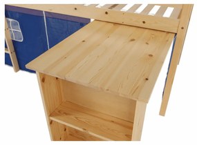 Pat înălţat cu masă PC, lemn de pin/albastru, ALZENA