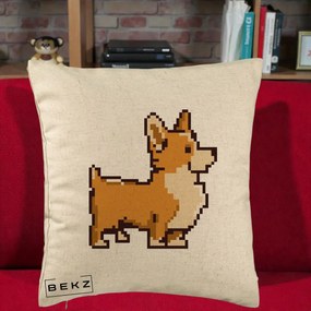 Perna Personalizata Corgi Pixel Art, 40x40 cm, Bej, Husa Detasabila, Perna Inclusa, BEKZ®