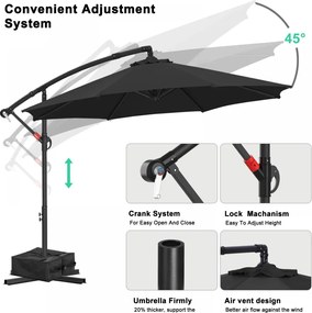 Umbrelă suspendată de grădină, cu braț lateral și manivelă, impermeabilă, protecție UV, bază în cruce inclusă + BONUS sac greutate (weights bag inclus), Negru