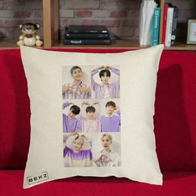 Perna Personalizata K-pop BTS Colaj 7 Portrete cu Inimi Lila, 40x40 cm, Ecru, Husa Detasabila, Perna Inclusa, BEKZ®