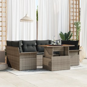 vidaXL Set de canapea de grădină 7 piese , cu perne gri, din rattan și acacia.