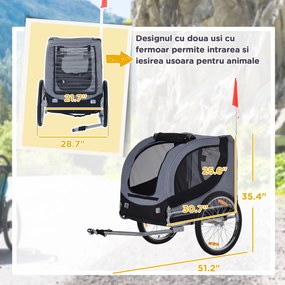 PawHut Remorcă Bicicletă pentru Câini Talie Medie cu Ferestre Laterale și Steag, 130x73x90 cm, Gri și Negru | Aosom Romania