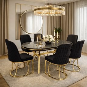 Set masa si 6 scaune colare masa marmurat negru scaune tapitat negru