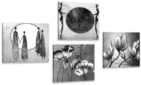 Set tablouri în design alb-negru etno