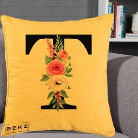 Cadou Personalizat - Perna Personalizata Monograma Florala Litera T, 40x40 cm, Galben, Husa Detasabila, Perna Inclusa, BEKZ®