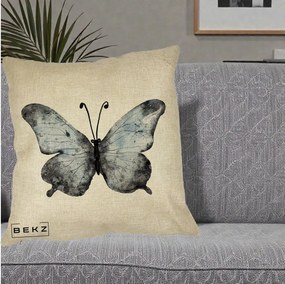 Perna Decorativa Fluture Acuarela Albastru-Gri, 40x40 cm, Crem, Husa Detasabila, Perna Inclusa, BEKZ®