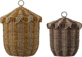 Set 2 coșuri depozitare din iarbă de mare împletită, natur, cu capac și dungi verticale, 37x50 cm și 32x43 cm, „Cikkeline"