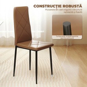 HOMCOM Set de 6 Scaune de Dining Moderne cu Spătar Înalt, din Piele Ecologică și Oțel, 41x50x97 cm, Maro | Aosom Romania