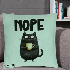 Perna Decorativa NOPE Pisica Neagra Cafea, 40x40 cm, Verde Menta, Husa Detasabila, Perna Inclusa, BEKZ®
