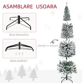 HOMCOM Brad de Crăciun Înzăpezit din PP Verde cu 492 Ramuri Ignifuge și Bază din Oțel Inoxidabil, Ø60x180 cm | Aosom Romania
