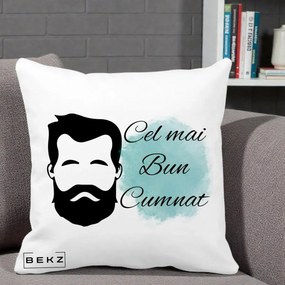 Cadou pentru Cumnat - Perna Personalizata Cel mai Bun Cumnat cu Portret Barbat si Pete Teal, 40x40 cm, Alba Mata, Husa Detasabila, Perna Inclusa, BEKZ®