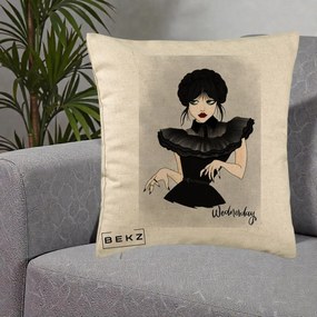 Perna Personalizata Wednesday Addams Portret Gotic, 40x40 cm, Bej, Husa Detasabila, Perna Inclusa, BEKZ®