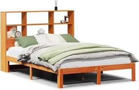 vidaXL Pat cu bibliotecă fără saltea maro 135x190 cm lemn masiv de pin