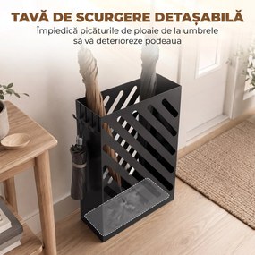 HOMCOM Suport pentru Umbrele de Design cu Tavă pentru Colectarea Picăturilor și 4 Cârlige din Metal, 28x14x41cm, Negru | Aosom Romania