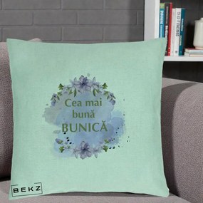 Cadou pentru Bunica - Perna Personalizata Cea Mai Buna Bunica Flori Mov Acuarela Auriu, 40x40 cm, Verde Menta, Husa Detasabila, Perna Inclusa, BEKZ®