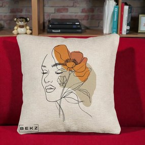 Perna Decorativa Portret Feminin Mac Mare Portocaliu, 40x40 cm, Bej Canapea, Husa Detasabila, Perna Inclusa, BEKZ®