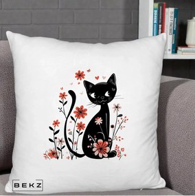Perna Decorativa Pisica Neagra Flori Roz si Inimi, 40x40 cm, Alb Pufos, Husa Detasabila, Perna Inclusa, BEKZ®