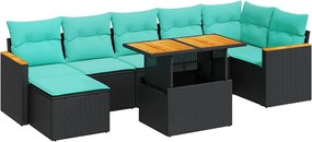 vidaXL Set mobilier grădină perne 8 piese negru, poliratan/lemn acacia