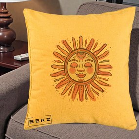 Perna Decorativa Soare Roz Tribal, 40x40 cm, Galben, Husa Detasabila, Perna Inclusa, BEKZ®