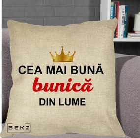 Cadou pentru Bunica - Perna Personalizata Cea Mai Buna Bunica Din Lume Coroana Aurie, 40x40 cm, Crem, Husa Detasabila, Perna Inclusa, BEKZ®