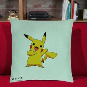 Perna Personalizata Pikachu Fericit, 40x40 cm, Verde Menta, Husa Detasabila, Perna Inclusa, BEKZ®