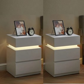 NOA28 - Set 2x Noptiere albe 40x35x55 cm, cu 3 sertare si LED, dormitor - Alb