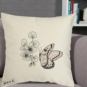 Perna Decorativa Fluture si Flori Linie Monocroma, 40x40 cm, Ecru, Husa Detasabila, Perna Inclusa, BEKZ®