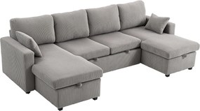 HOMCOM Canapea Extensibilă Modernă în Formă de U și Spații de Depozitare, Catifea Reiată, 282x140x86 cm, Gri | Aosom Romania