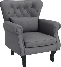 HOMCOM Fotoliu Vintage cu Spătar, Fotoliu Tapițat pentru Șemineu cu Pernă, Spătar Capitonat și Brațe Rulate, 76x74,5x89,5 cm, Gri | Aosom Romania