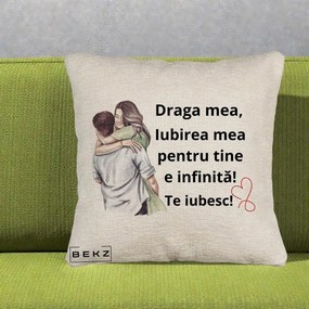 Cadou pentru Iubita - Perna Personalizata Draga Mea Iubirea Mea Infinita Te Iubesc cu Cuplu Acuarela, 40x40 cm, Bej Canapea, Husa Detasabila, Perna Inclusa, BEKZ®